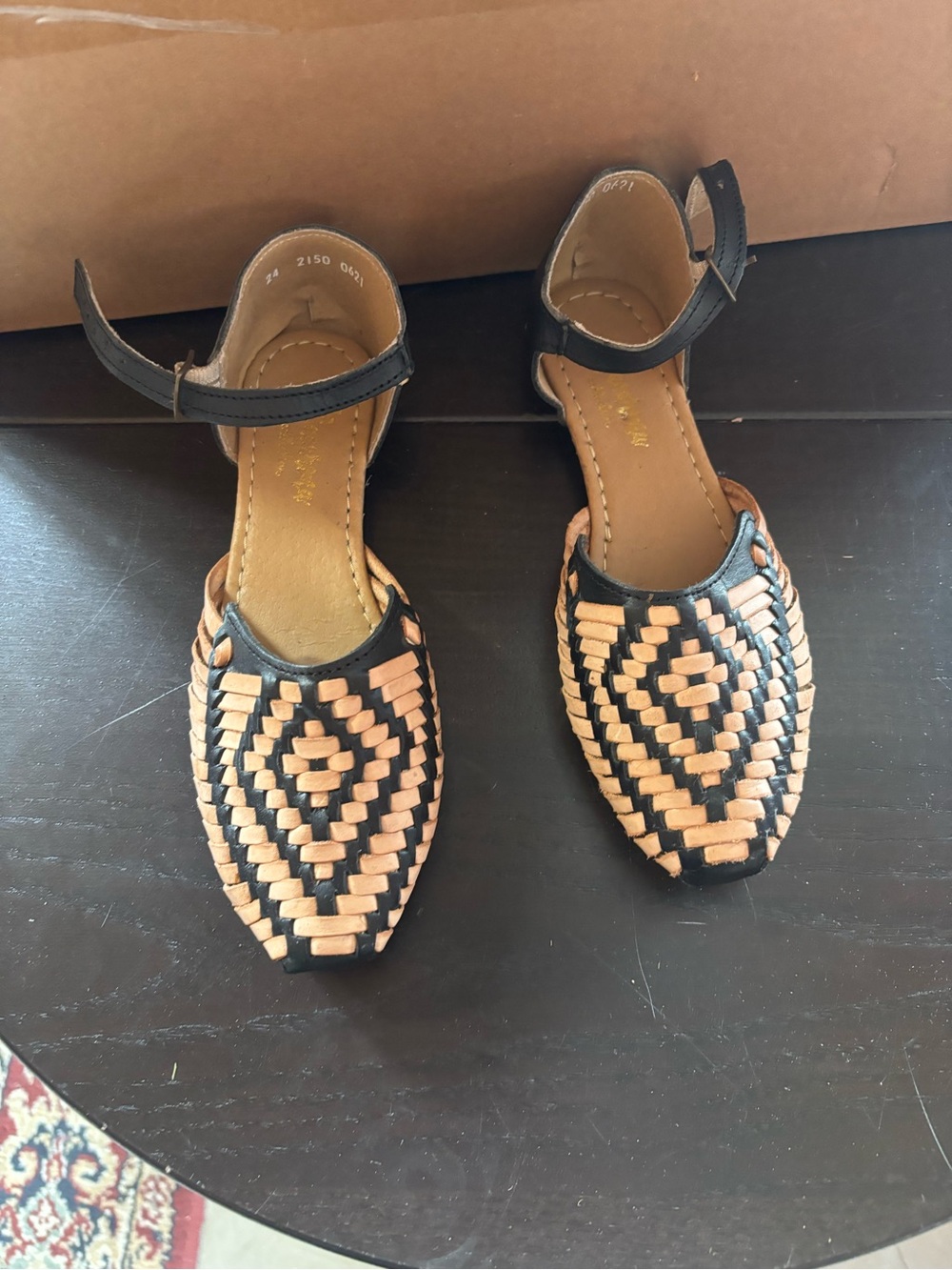Woven Two-Tone Ankle-Strap Women’s Flats - Black & Tan
